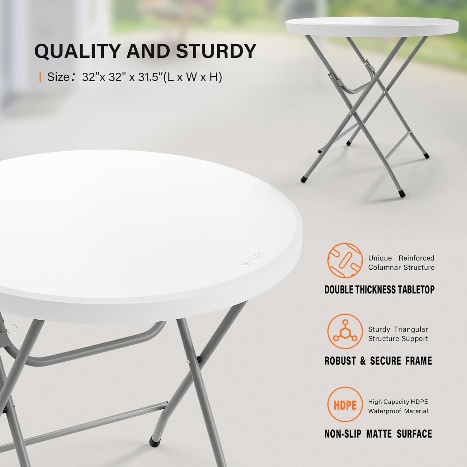 VINGLI 32" Round Folding Commercial Banquet Table, Portable Plastic Coffee Card Dining Table for Kitchen or Outdoor Party Wedding Event, 1 Pack, White | Folding, Commercial, Portable, Kitchen, Outdoor Party, Wedding Event
