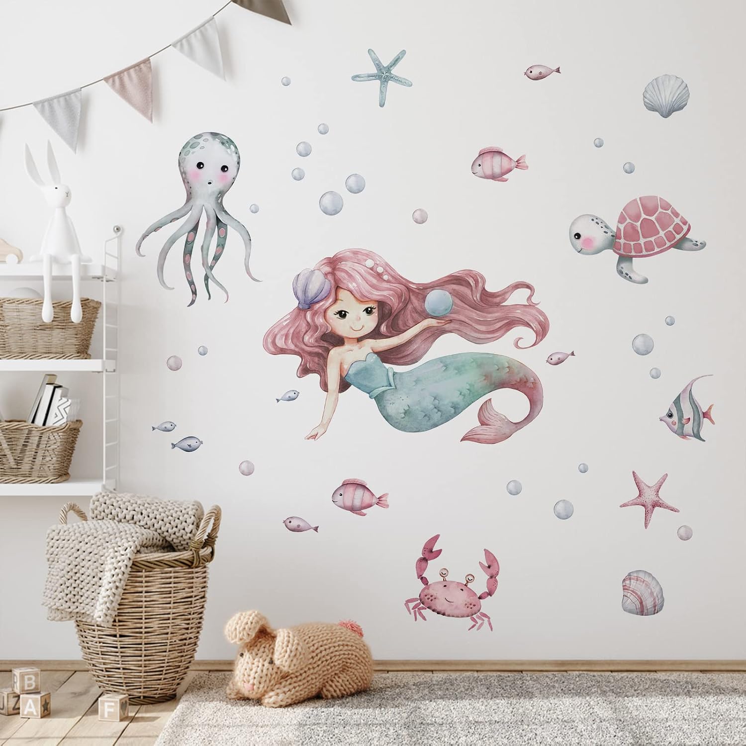 Mfault Baby Girls Black Mermaid Under The Sea Wall Decals Stickers, Baby Girls Ocean Creatures Nursery Decoration Bedroom Playroom Art, Shell Bubble Coral Seaweed Kids Room Bathroom Home Decor