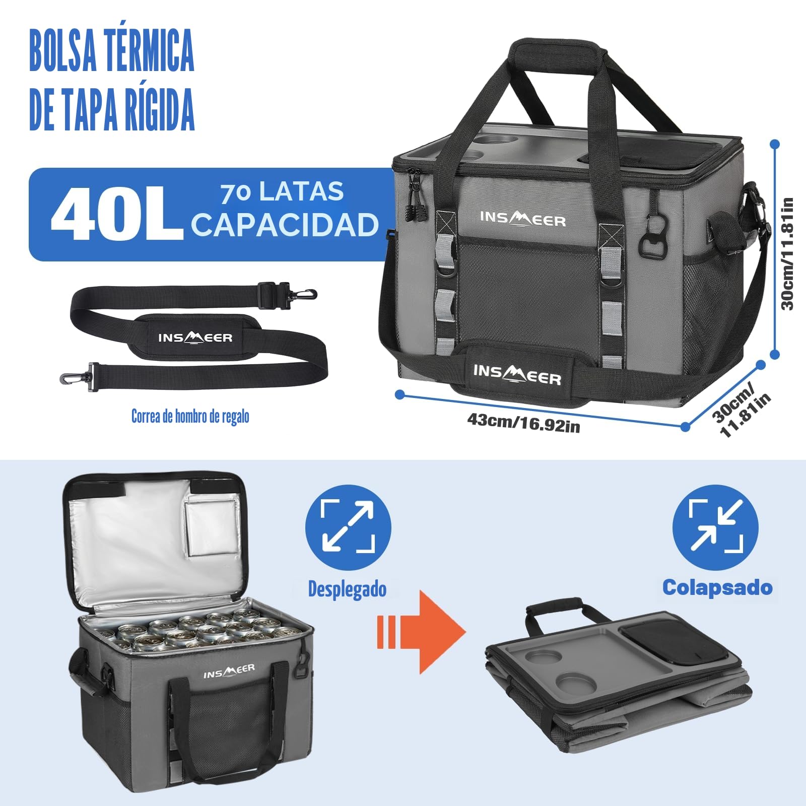 INSMEER Bolsa Nevera Grande 40L/60 Latas, Bolsa Nevera Plegable con Carcasa Rígida de PP Extraíble, Bolsa Térmica con Abridor/2 Portavasos en la Parte Superior Rígida, para Picnic, Camping, Playa