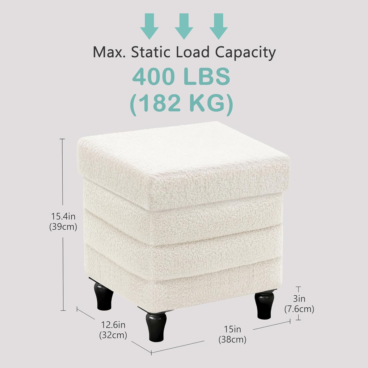 CAROLMADE Folding Storage Ottoman Cube Sherpa Footstool with Wood Legs Ottoman Footrest for Living Room and Bedroom, White 15x12.6x15.4
