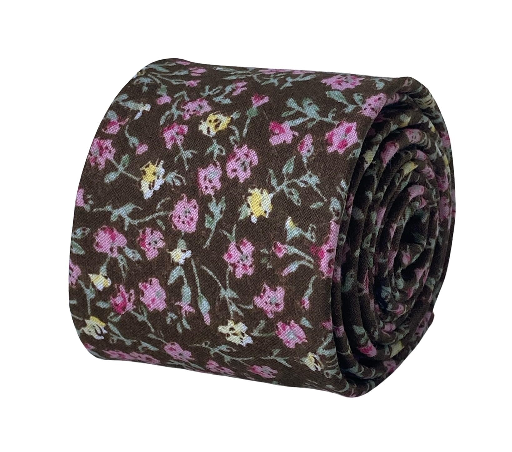 Frederick Thomas Men's Brown With Pink Floral Cotton Tie For Classic 6.5Cm Width 147Cm Length Classic Necktie Ideal For Office Wear, Weddings, Special Occasions, Formal Events And Dinner Parties