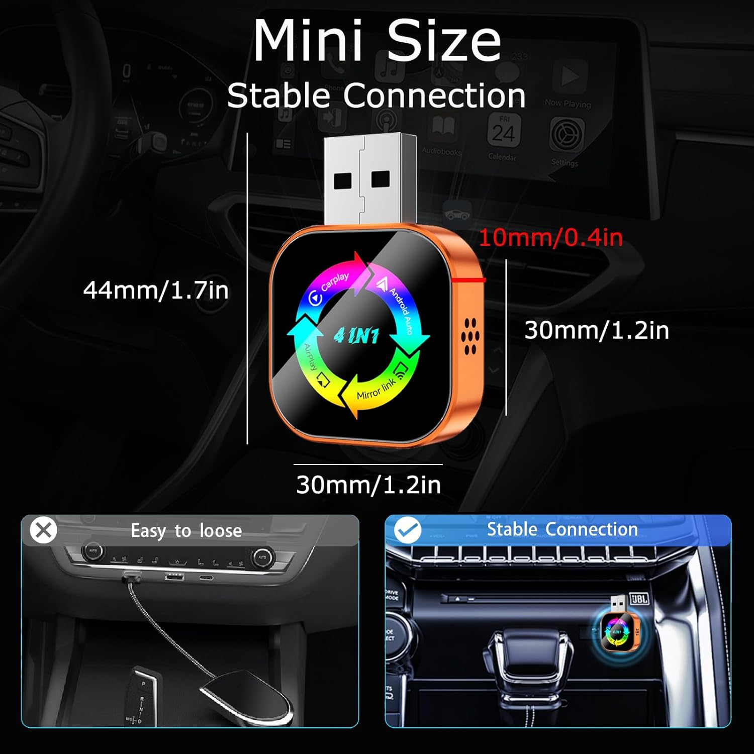 Wireless CarPlay Adapter 4-in-1,2026 Upgraded Screen Mirroring,Support Mirror Link/AirPlay for Apple CarPlay & Android Auto,for Cars with Wired CarPlay, Fast Auto-Connection, Plug & Play-Orange