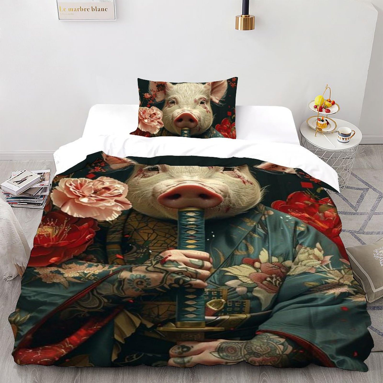 Housse de couette Le Cochon Bushi 135x200 anti-glissement en microfibre avec fermeture éclair