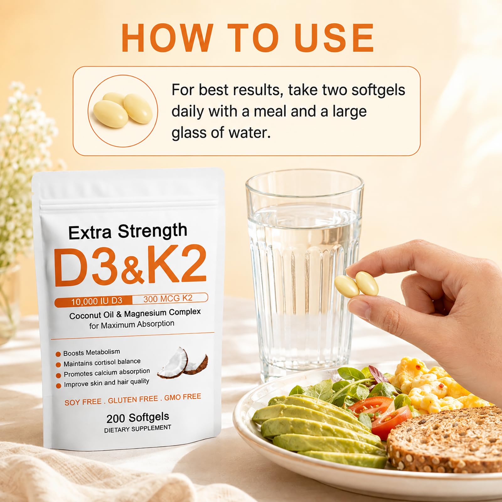 D3 K2 Magnesium Supplement, D3 K2 Vitamin 10000 IU Softgels, Promote Calcium Absorption, Cortisol Balance, Boost Metabolism, Extra Strength Triple Magnesium & Coconut Oil, 200 Softgels (1) (1) — Amazon image 8