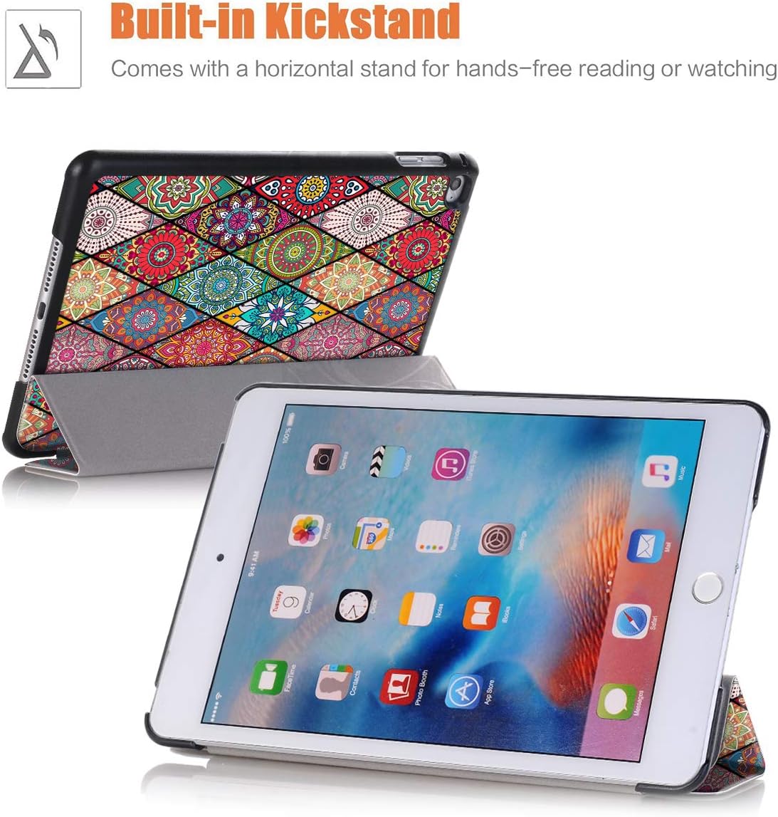 iPad Mini 4 Case, Hocase PU Leather Smart Case w/Unique Pattern Design, Auto Sleep/Wake Feature, Microfiber Lining Hard Back Cover for iPad Model A1538/A1550 (2015) - Mandala Flowers
