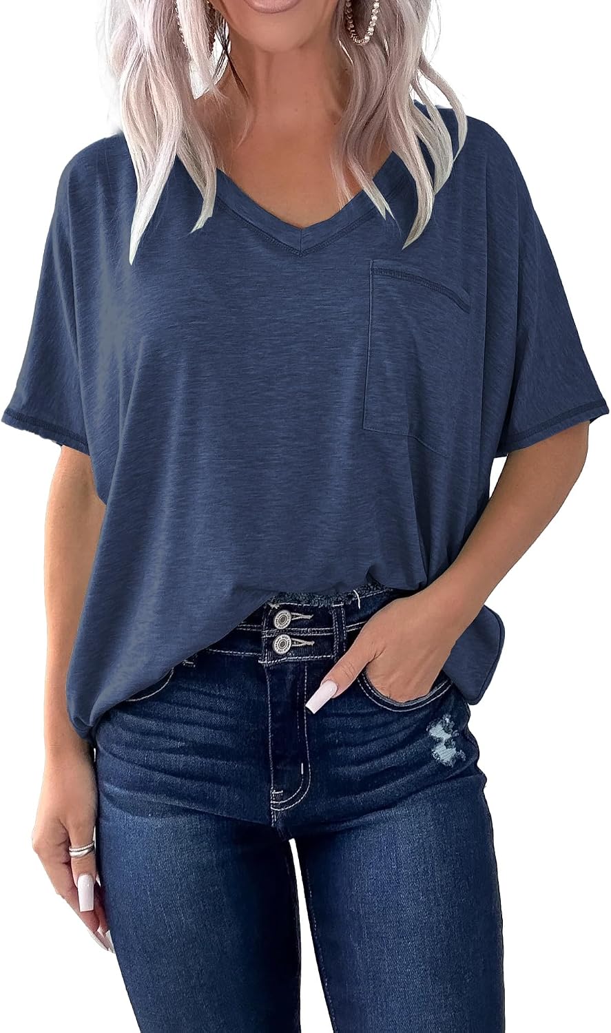 HERILIOS Womens Oversized V-Neck T Shirt Short Dolman Sleeve Basic Tee Tops image 4