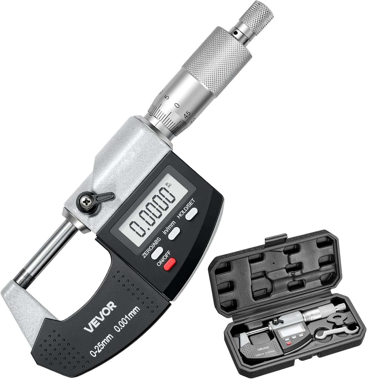 VEVOR Micrometer Set, Digital Outside Micrometer 0-1 inch Measuring Range, 0.00005" Resolution, Ultra-Precision 0.0001 Accuracy, LCD Screen, in/mm Switch, Carbide Tip, with Protective Case