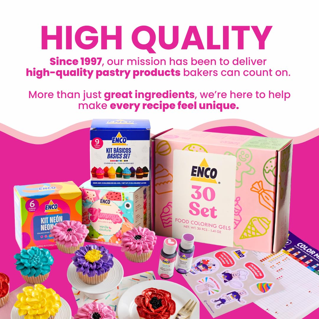 ENCO 30 Food Coloring Gel Set 1.41 oz each (40g), Includes Color Mixing Guide