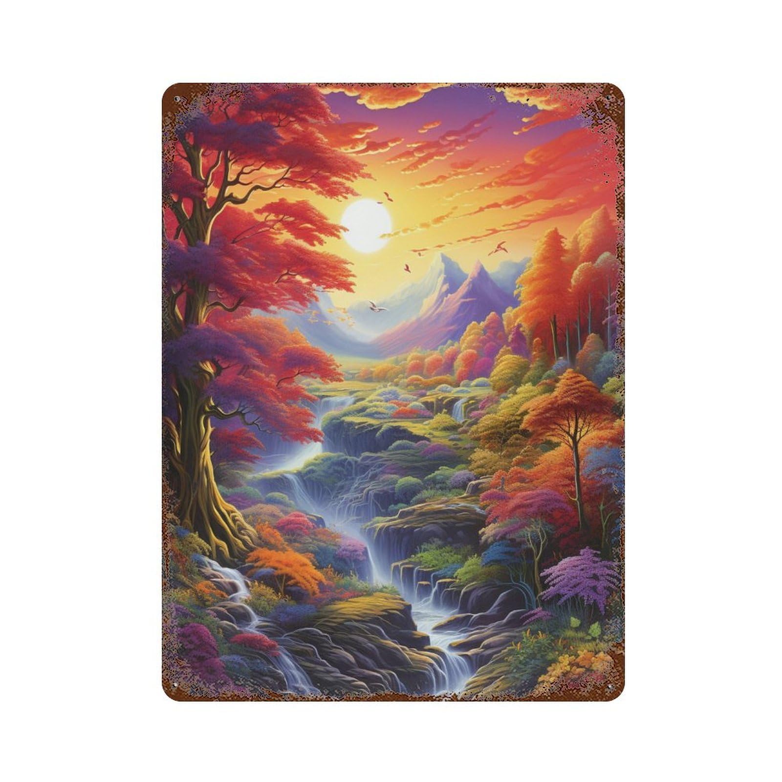 Rustic Tin Plaque Rainbow Forest Waterfall Scenery 15.7"x11.8", Vintage Wall Decor for Pub, Kitchen And Man Cave Decor