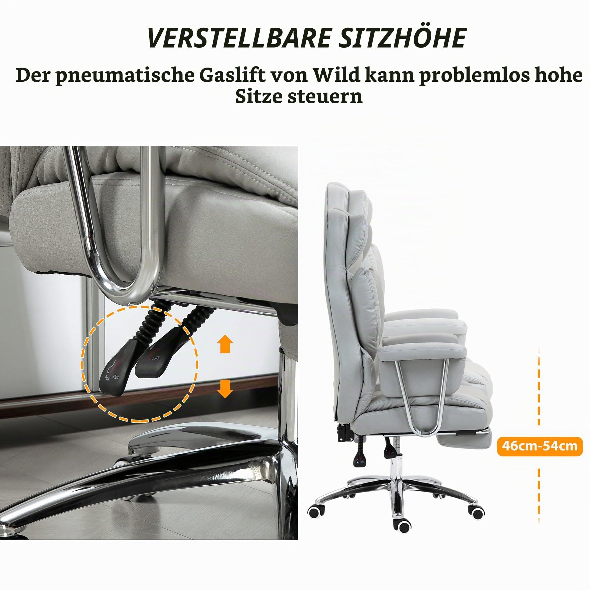HOMCOM Bürostuhl mit Liegefunktion Ergonomisch mit Fußstütze Hellgrau