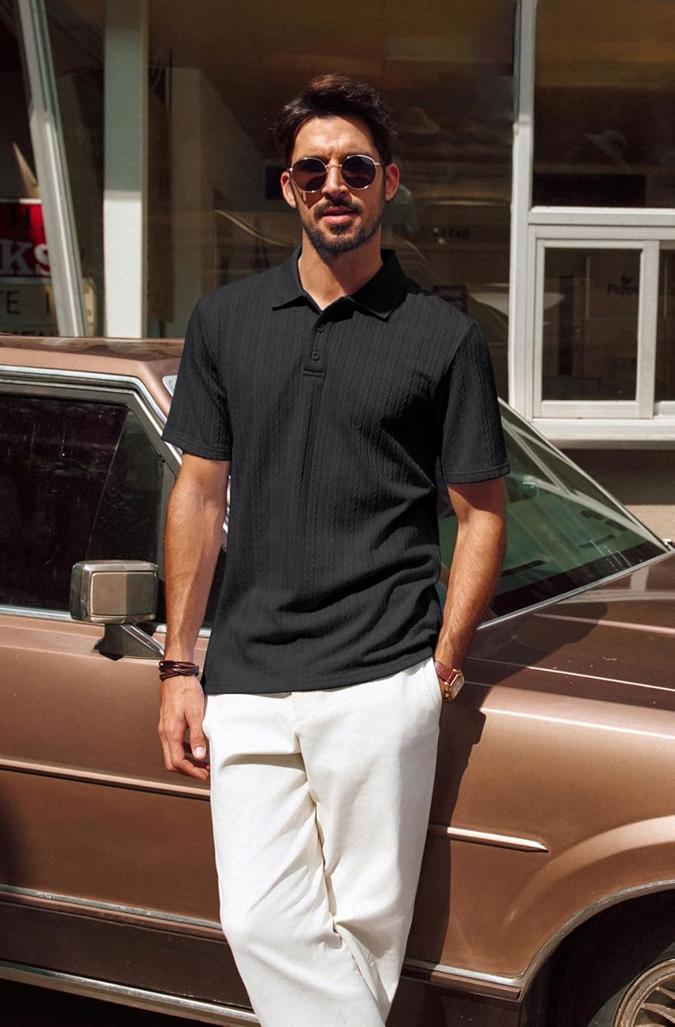 PJ PAUL JONES Mens Polo Shirts Short Sleeve Fashion Textured Polo Shirt Regular Fit Stretchy Golf Shirts - Image 3