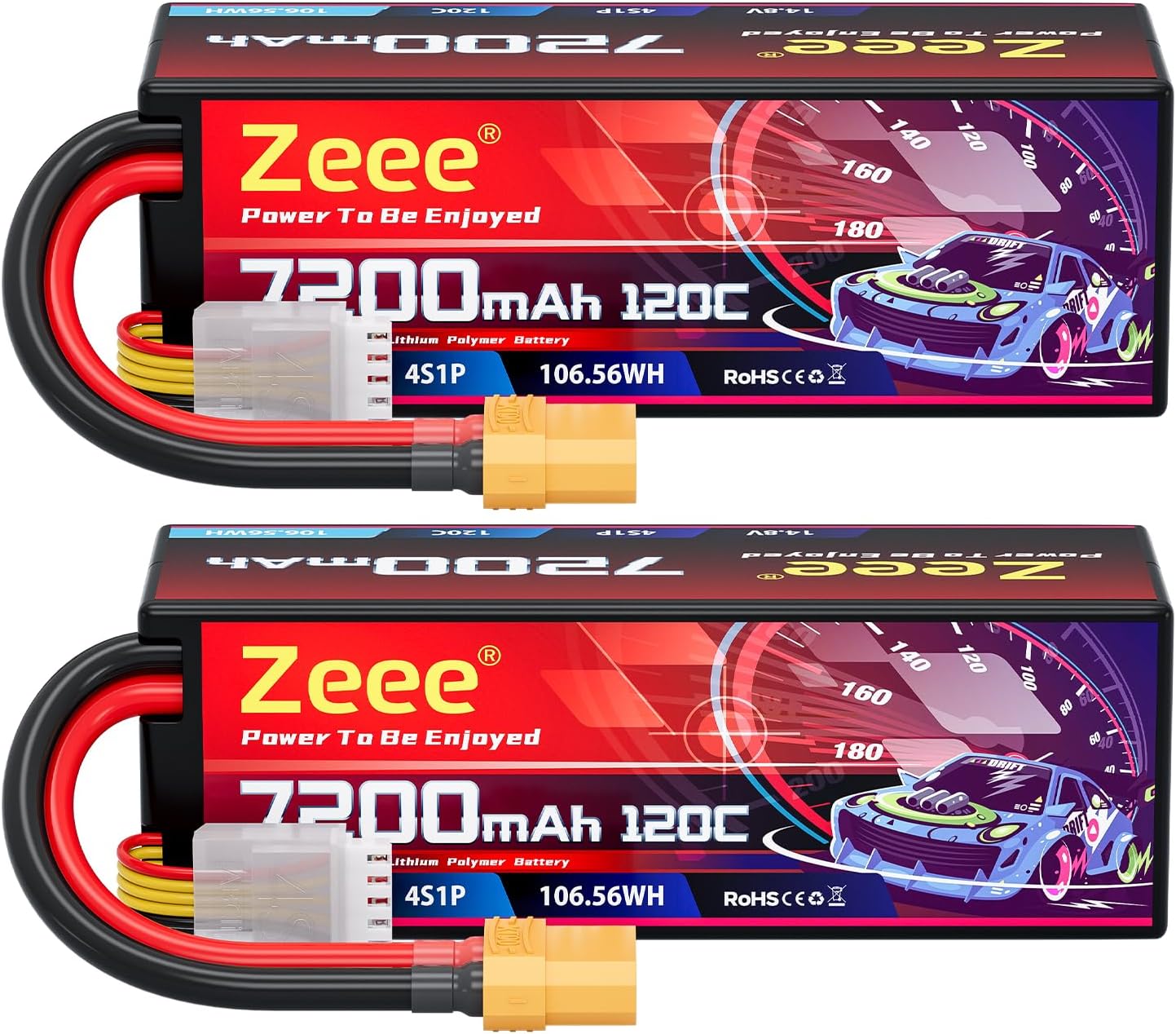 Zeee 4S Lipo Battery 7200mAh 14.8V 120C Hard Case RC Battery with XT90 Connector for 1/8 Buggy RC Car Truck Tank RC Truggy Racing Models(2 Pack)