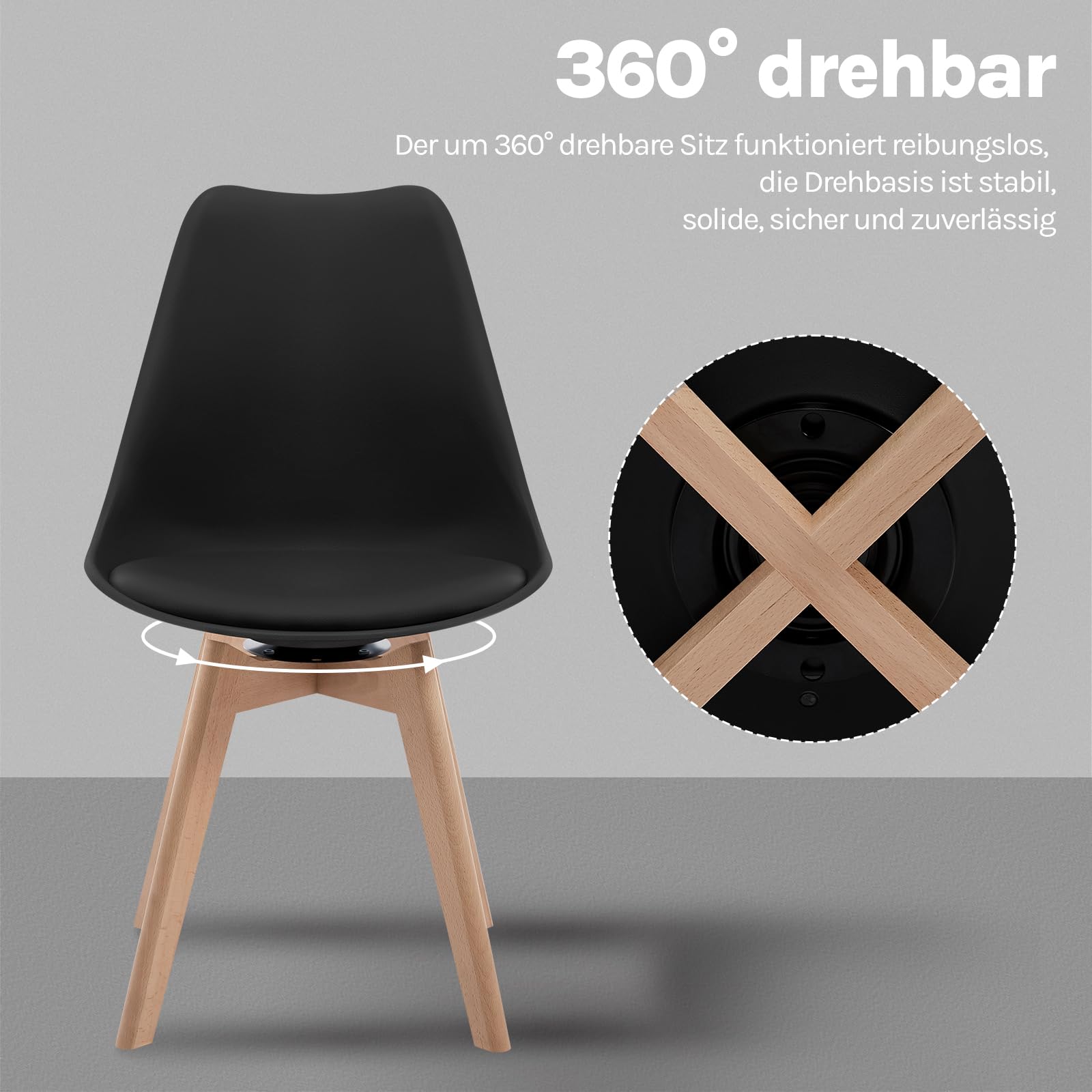 WOLTU Esszimmerstühle drehbar 2er Set, für Esszimmer, Moderne Küchenstühle, aus Massivholz Kunstleder, bis 120 kg belastbar, Schwarz