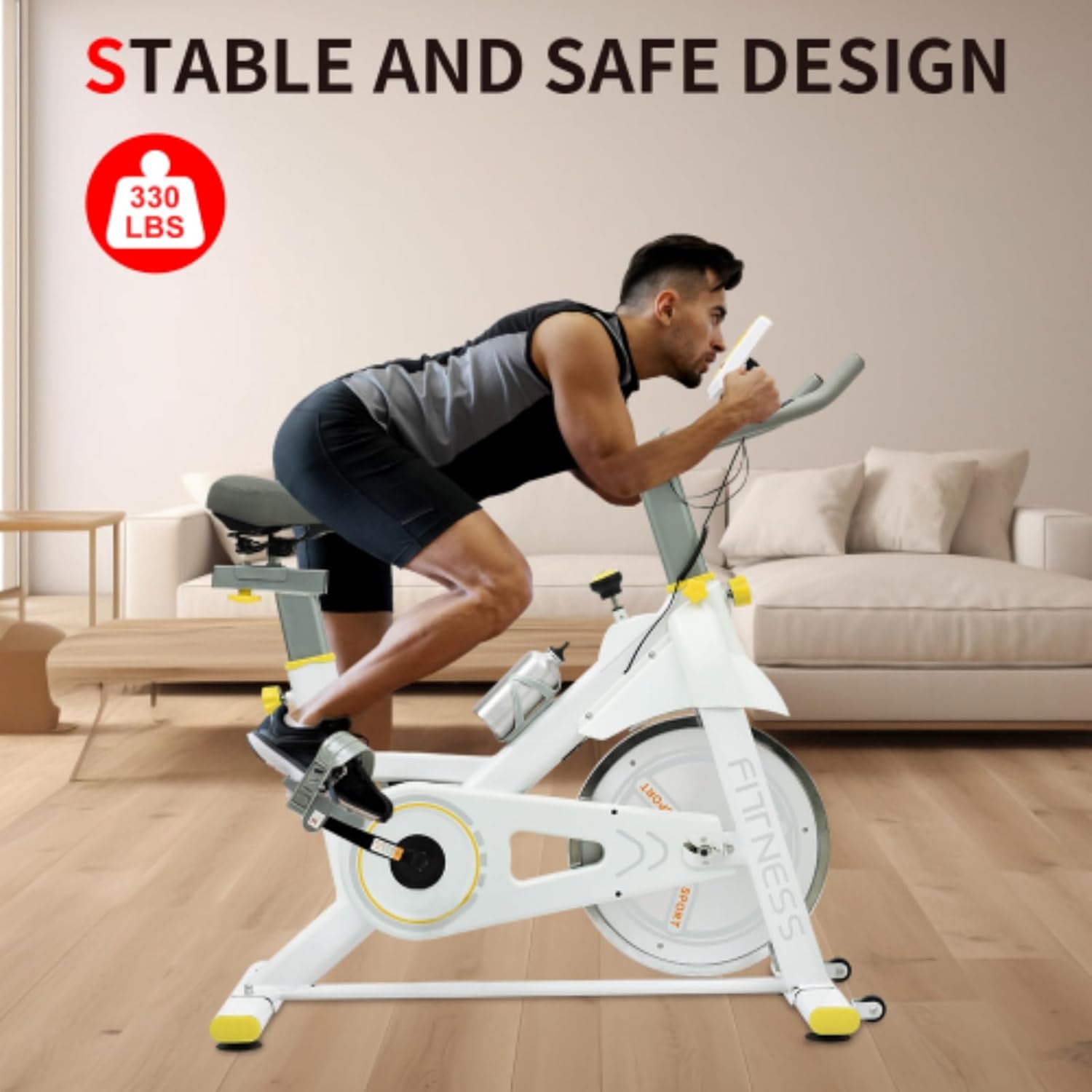 Indoor Exercise Bike, Spinning Bike, Fitness Bike, 4-way Padded Seat and Adjustable Resistance, Heavy-duty Steel Frame, Adjustable Non-slip Handlebars, Yellow + White