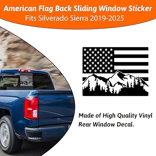 Miniatura 3 de Calcomanía de vinilo para ventana central trasera trasera compatible con Chevy Silverado Sierra 2019-2025 Mountain Scene American Flag (Negro mate)