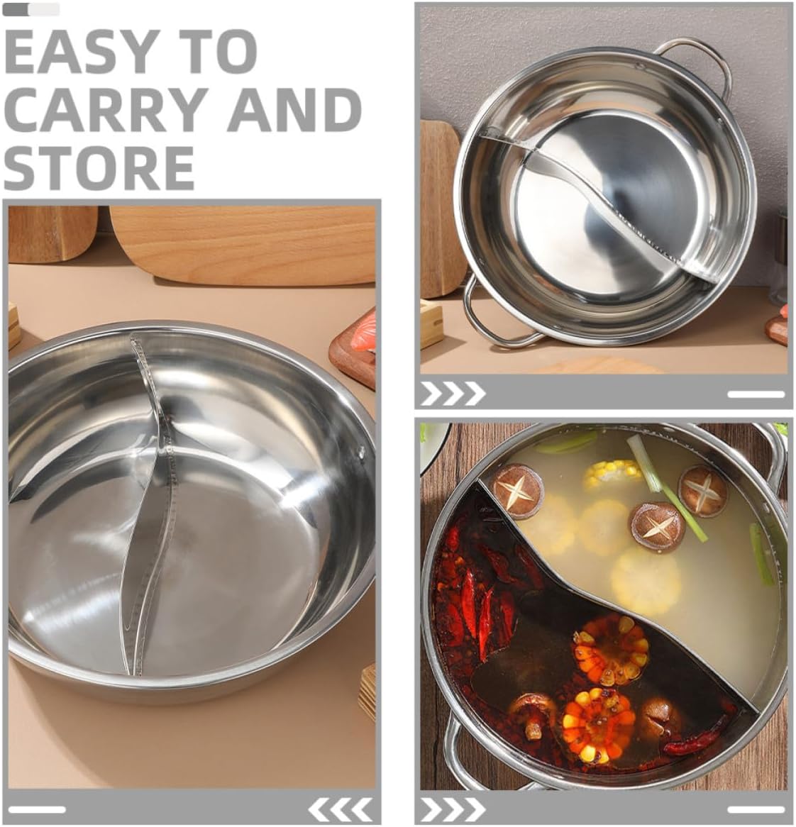 Stainless Steel Double Flavor Hot Pot with Divider, 34cm Dual Section Design Pasta Pot for Simultaneous Cooking of Spicy and Broths, for Commercial Kitchens and Intimate Meals