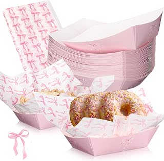 Geosar 100 Pcs Coquette Bow Paper Food Trays Bulk Bow Valentine's Day Party Supplies Birthday Decor Disposable Food Boat Trays with Wax Paper Sheet Wrapping for Wedding Bridal Party Supplies(Pink)