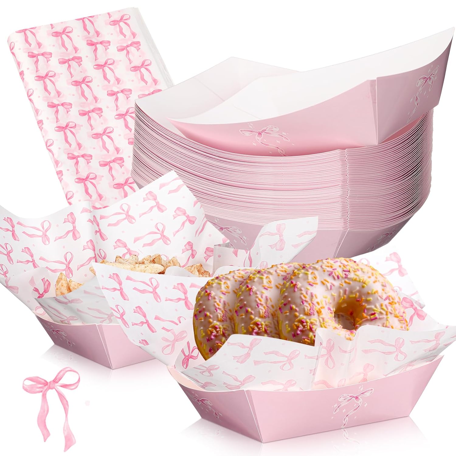 Geosar 100 Pcs Coquette Bow Paper Food Trays Bulk Bow Party Supplies Birthday Decor Disposable Food Boat Trays with Wax Paper Sheet Wrapping for Wedding Bridal Party Supplies(Pink)