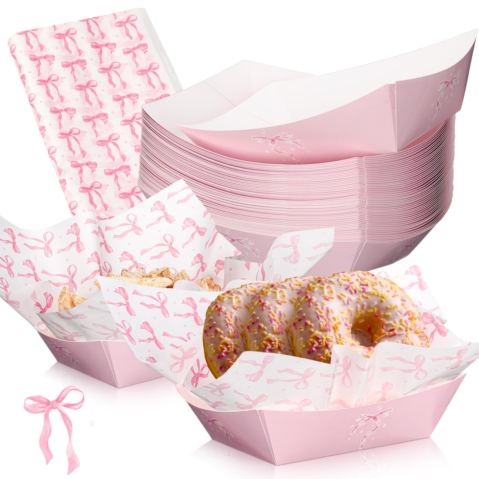 Platos de papel encerado estilo lazo rosa para decoración de fiestas de cumpleaños coquetas