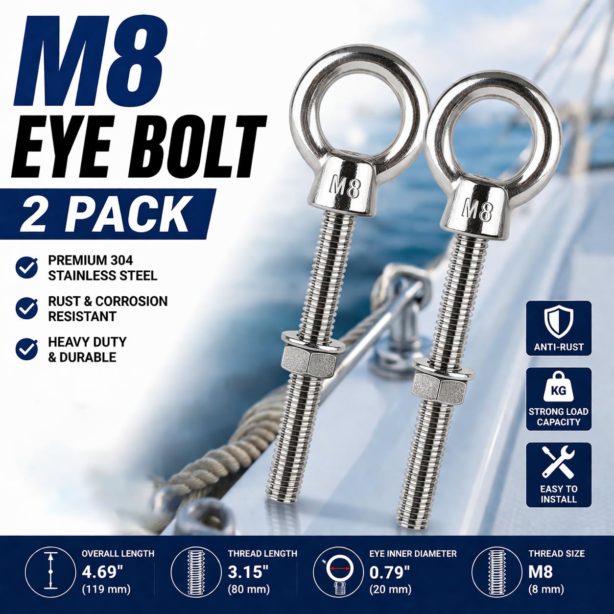 2-Pack 5/16" x 3-1/8" Heavy Duty Stainless Steel Eye Bolts with Nuts & Washers - Lifting Eye Screw