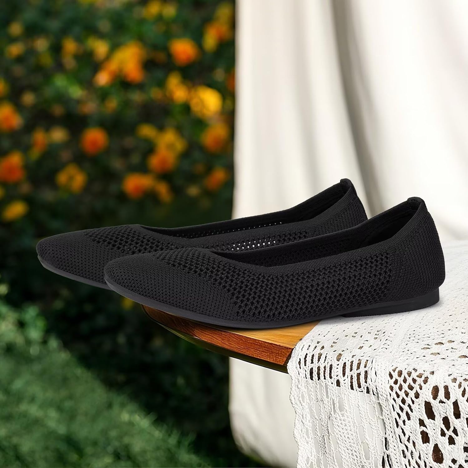 Frank Mully Square Toe Flats for Women Breathable Mesh Knitted Shoes with Arch Support for Walking, Travel & Daily Wear
