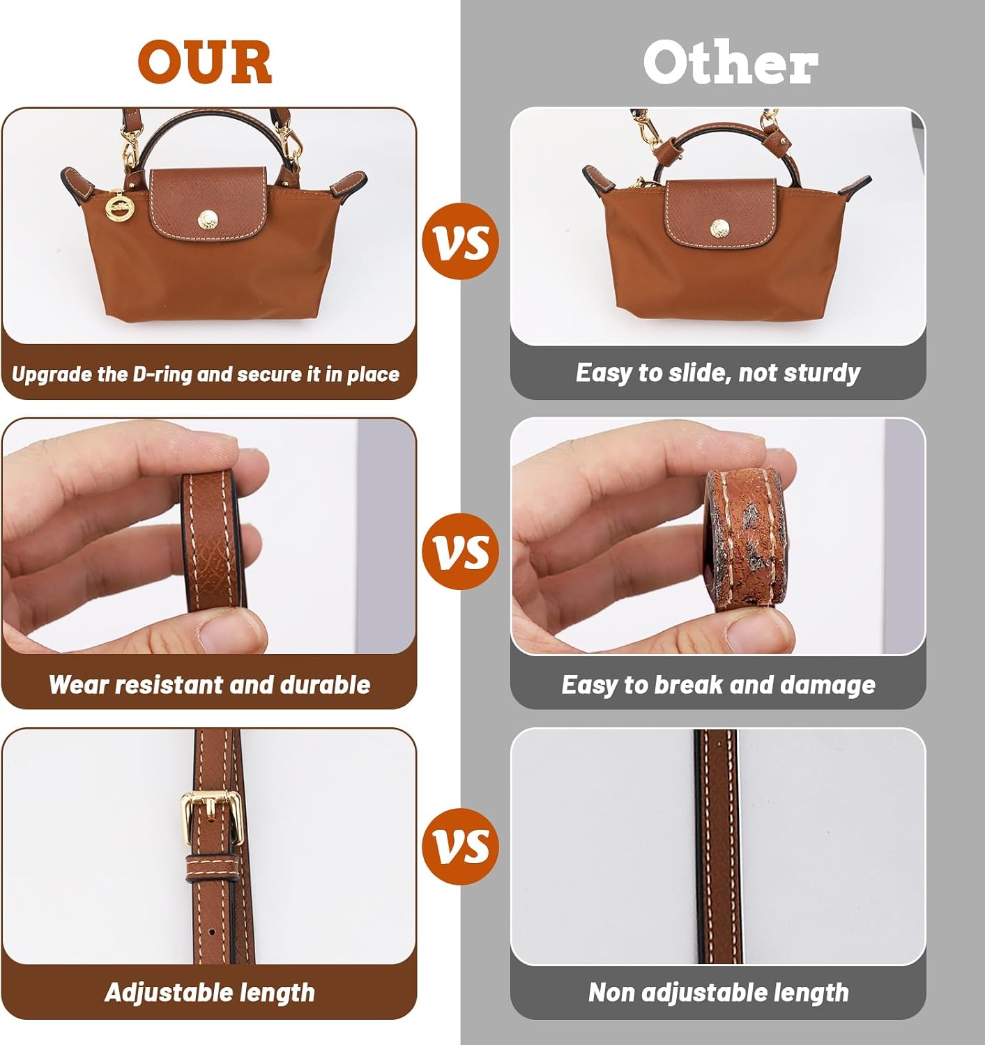 Mini Bag Strap Kit, Adjustable Cowhide Leather Shoulder Straps for Women’s Mini Bags, Punch-Free Adjustable Bag Straps for Handbags and Tote Bags (Brown)