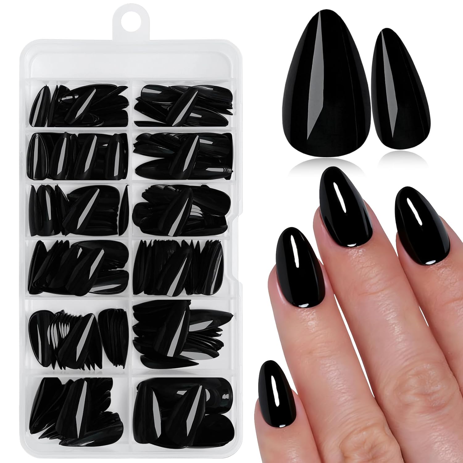 240pc Black Press on Nails Short Almond Fake Nails with Glue Tabs, Short Nails Press on Nail Almond Glue on Nail Black Acrylic Nail XS Stiletto False Nail Women Girls Artificial Fingernails Kit