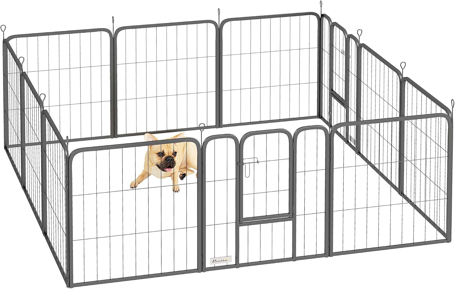 PawHut 12-panel dog playpen assembled in a rectangular shape with a small dog inside.