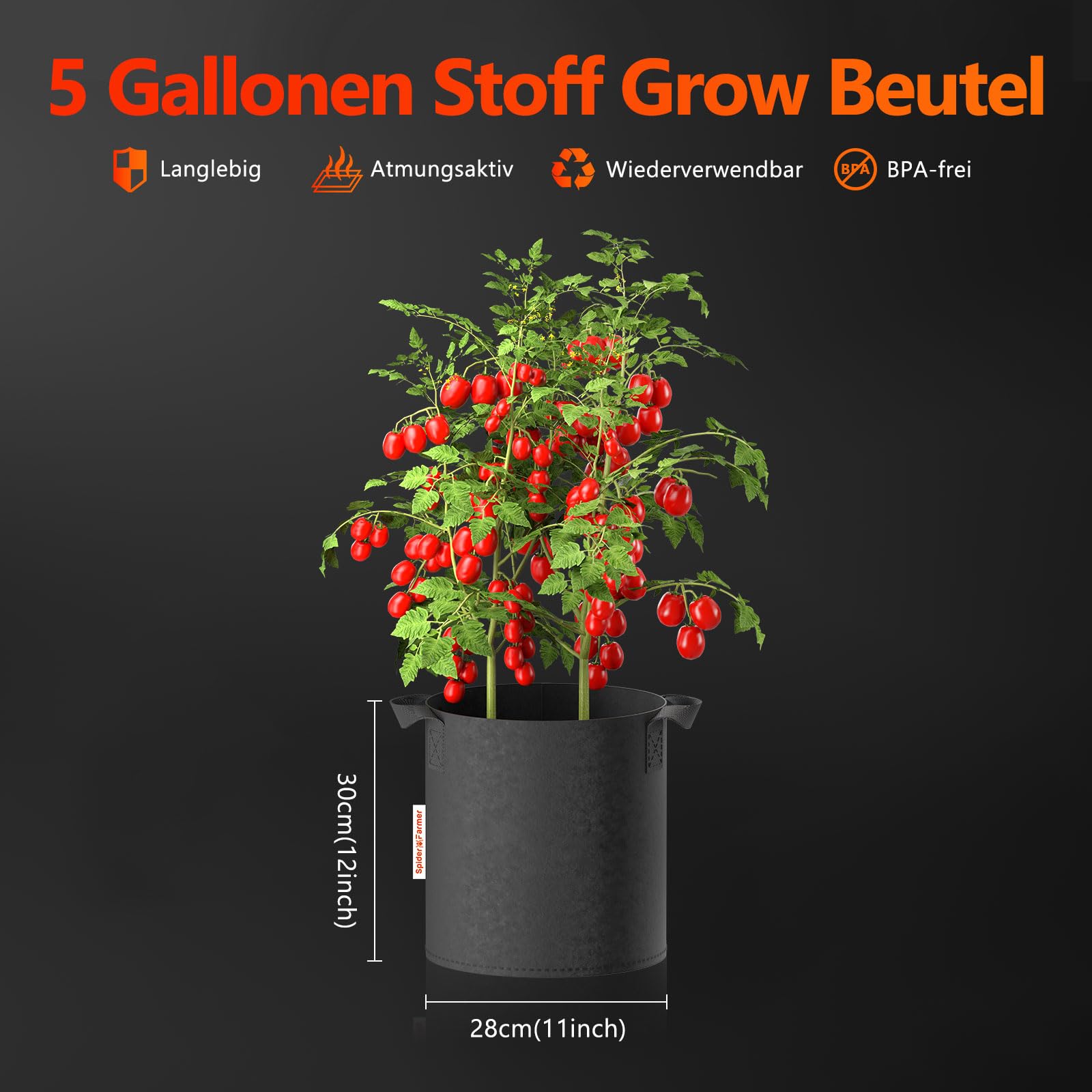 Spider Farmer 5 Gallon 18 L Pflanzsack,Vliesstoff Pflanzentopf mit Griffe Stofftopf für Kartoffeln Tomaten Gemüse und Pflanzen (5 Stück)