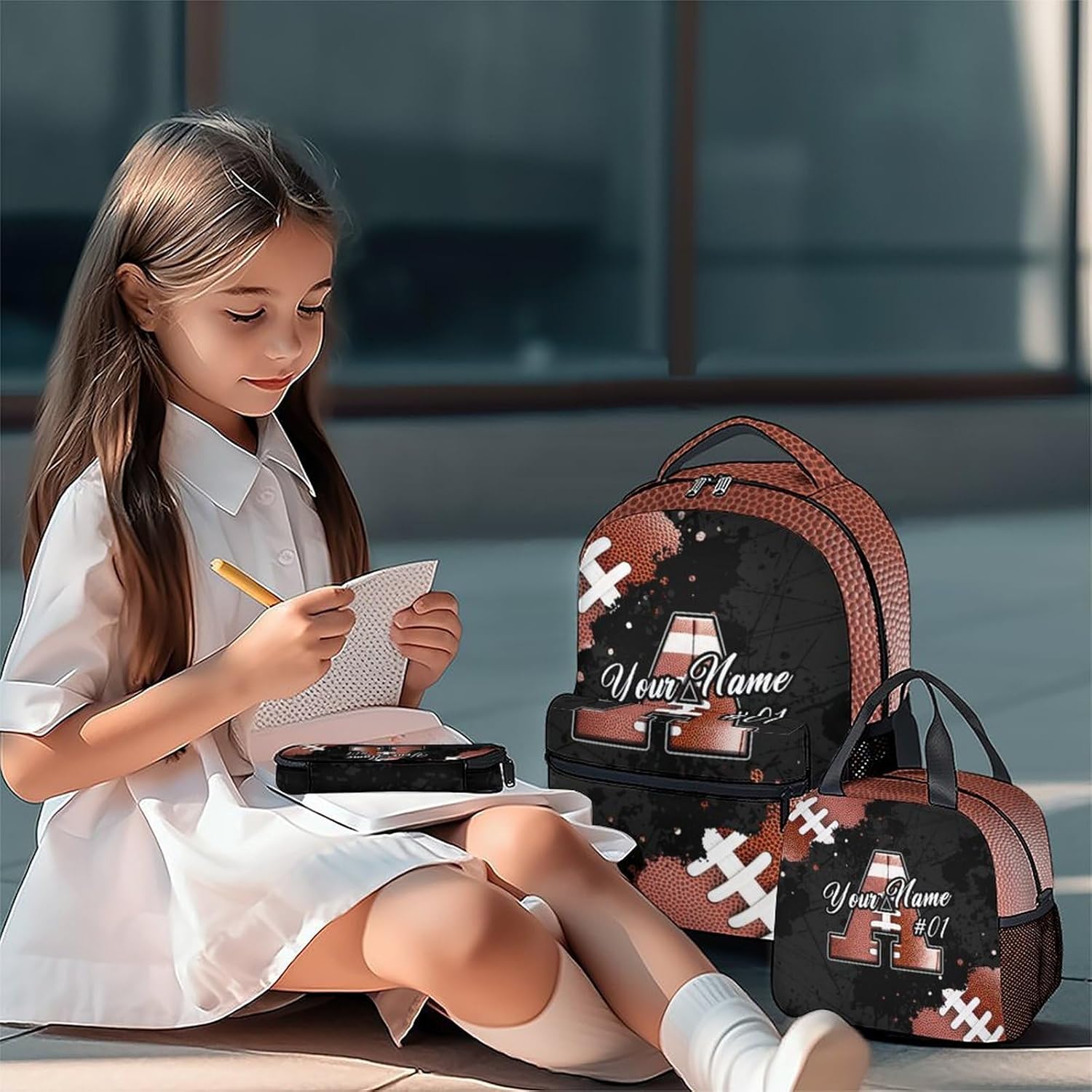 COZYAURA Boys Backpack - Personalized Football Backpacks Set for Kids - Custom Initial Monogram Bookbag with Lunch Bag - Sports Theme School Bag for Primary, Middle School