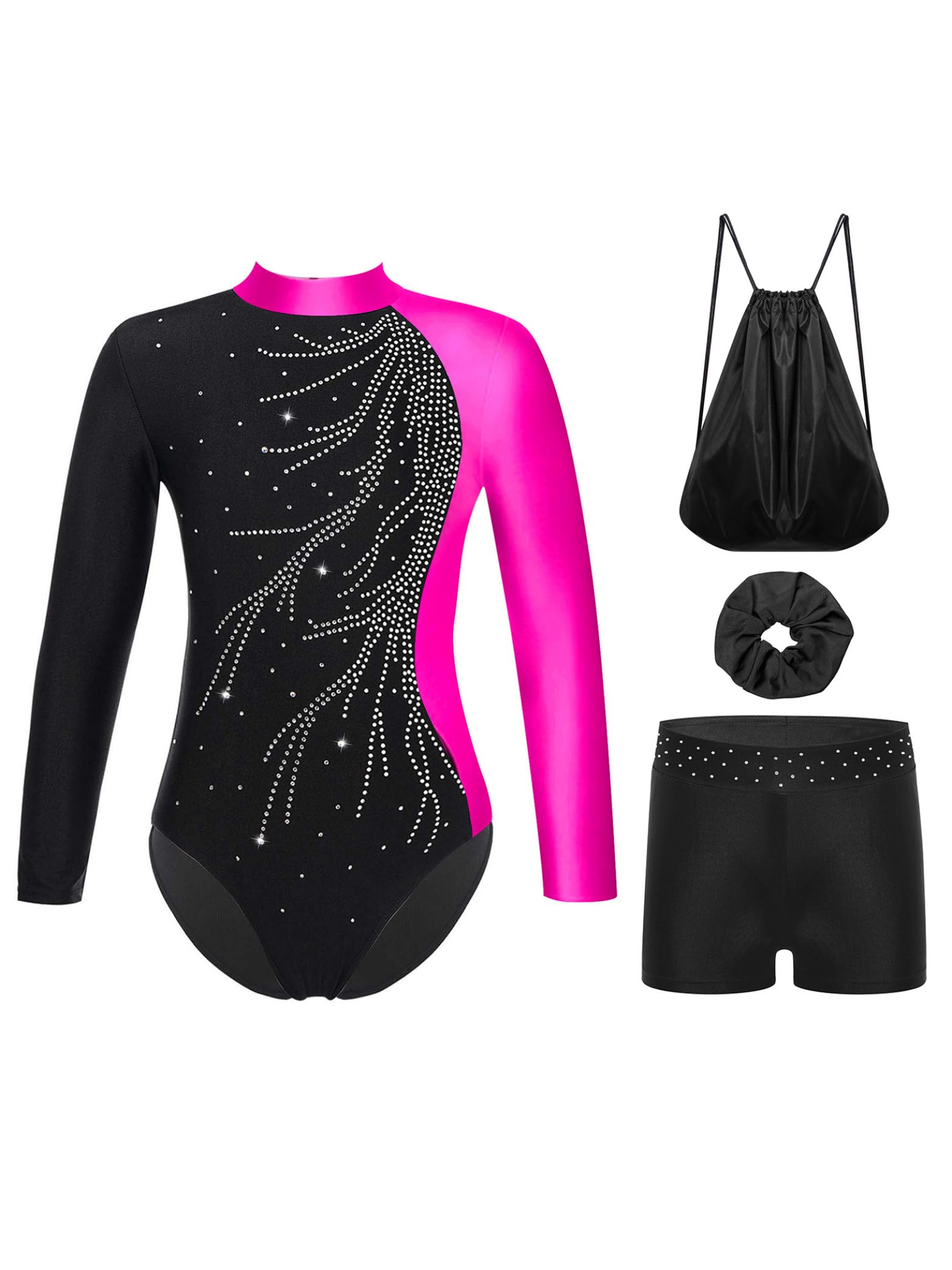 Yhong Completino Pattinaggio Artistico Bambina Leotardo Lunghe Maniche con Leggings Elastici Corti E Borsa Costume Gare E Recitazioni