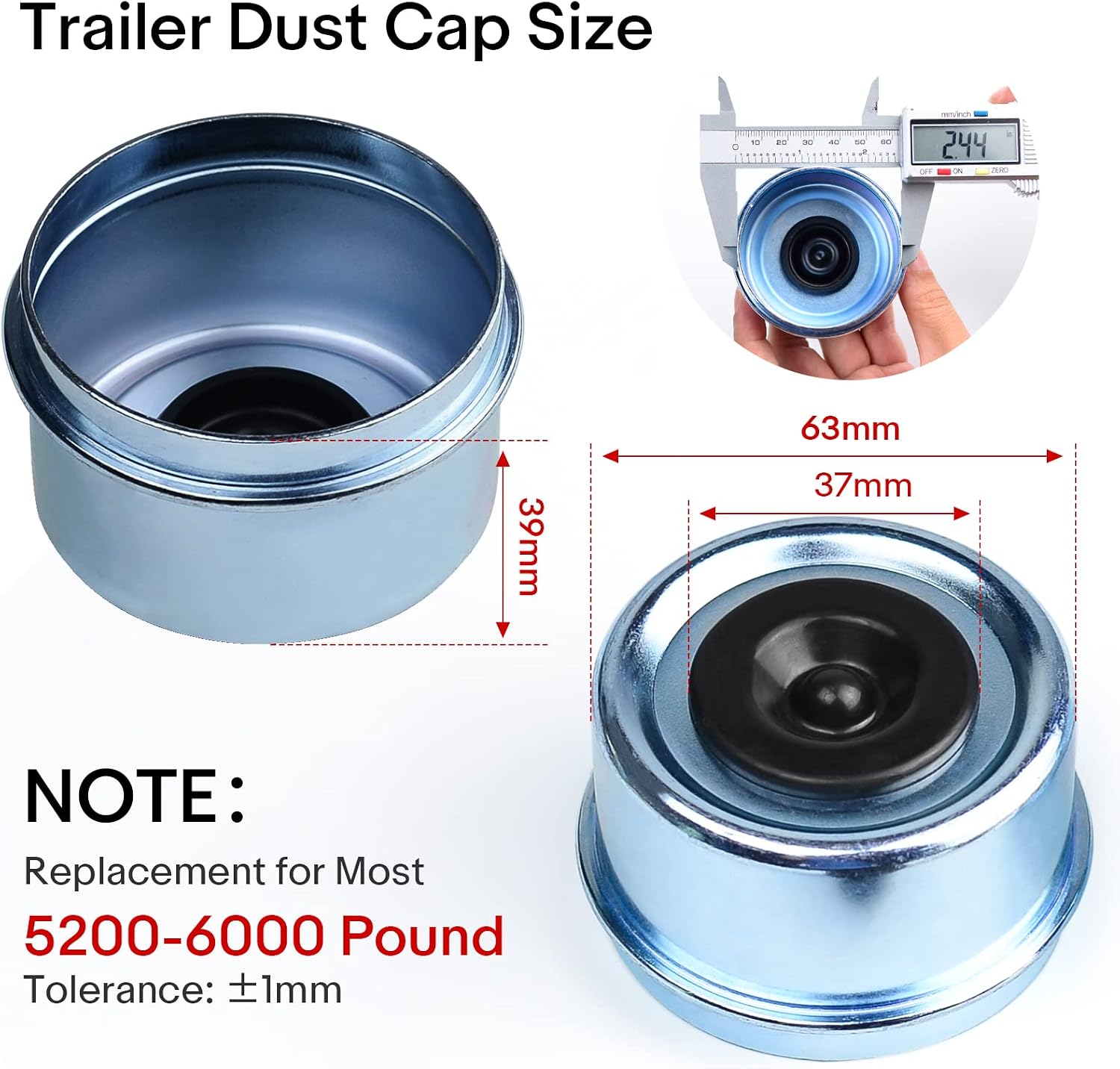 2.44" Trailer Bearing Dust Caps - 2Pcs Trailer Axle Grease Cap with Extra 8 Rubber Plugs, Wheel Bearing Caps for Trailers, Trailer Hub Grease Cap for 5200 to 6000 Pound Ib Dexter EZ Lube Trailer