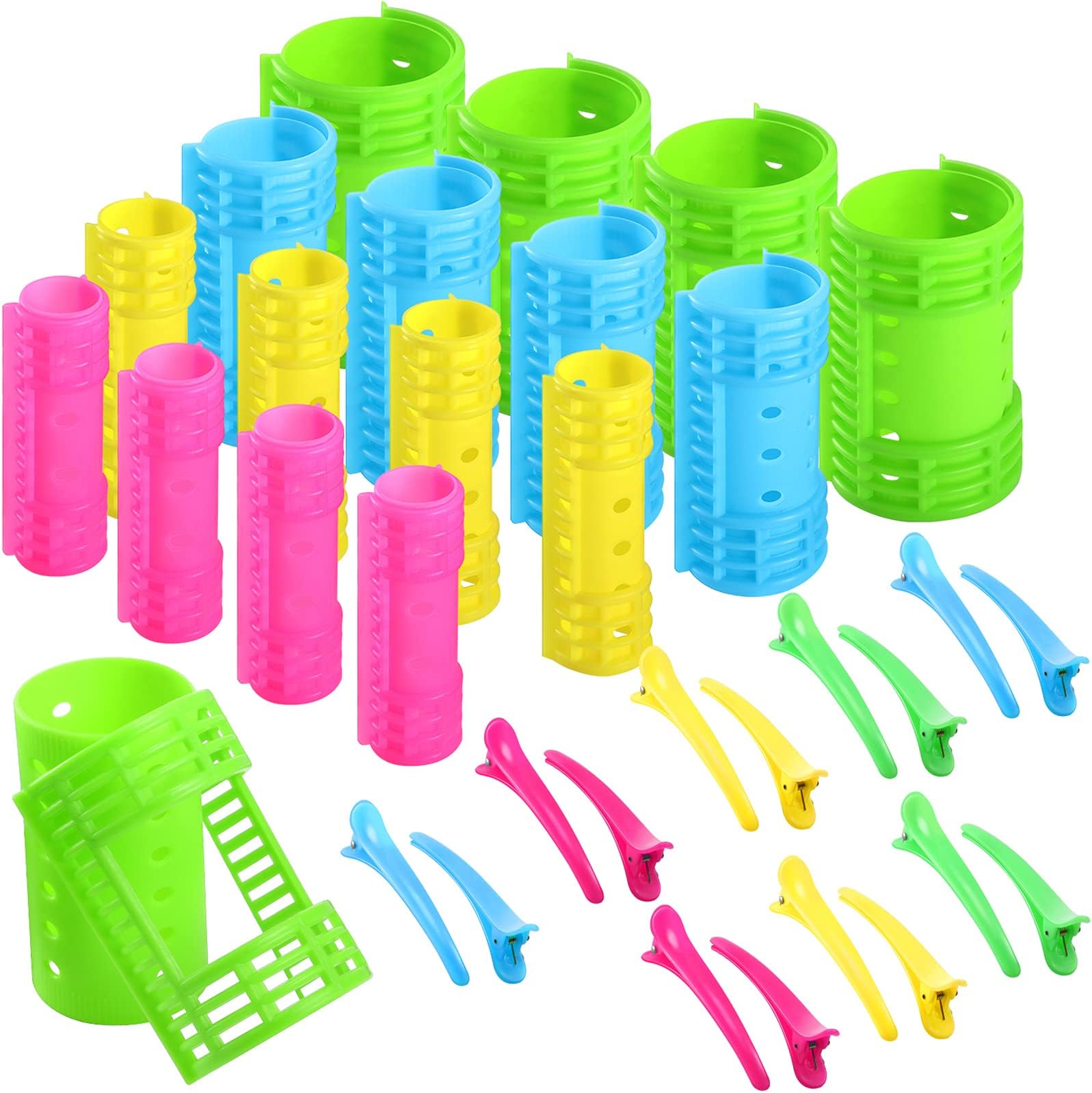 WILLBOND 65 Pieces Magnetic Hair Rollers Set Plastic Rollers Curlers with Clips 4 Sizes for Long Medium Short Hair, Duck Clips Hairnet Hairdressing Styling Tool(Colorful)
