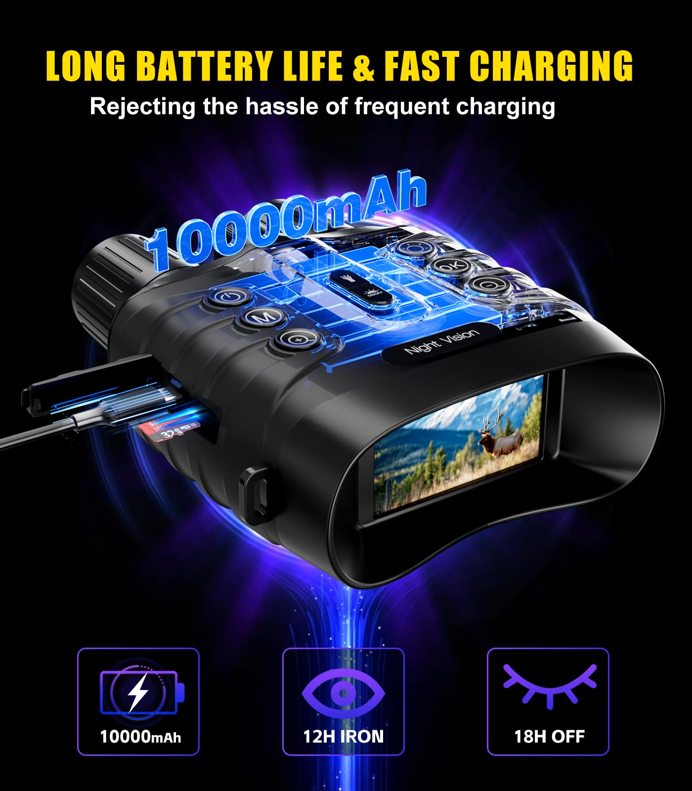 Jumelle Vision Nocturne 4K 48MP, 10 000 mAh Rechargeable, f/1.4 Grande Ouverture Jumelles Infrarouge, Portée de Vision 600M, 3" HD Écran, Zoom Numérique 8X avec Carte TF 32 Go