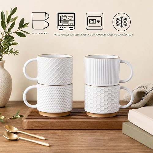 GBHOME Lot de 4 tasses à café empilables en céramique de 350 ml avec motifs texturés pour hommes, femmes, pères, mères, tasses modernes, pour latte/cappuccino/cacao, passent au lave-vaisselle et au - 8