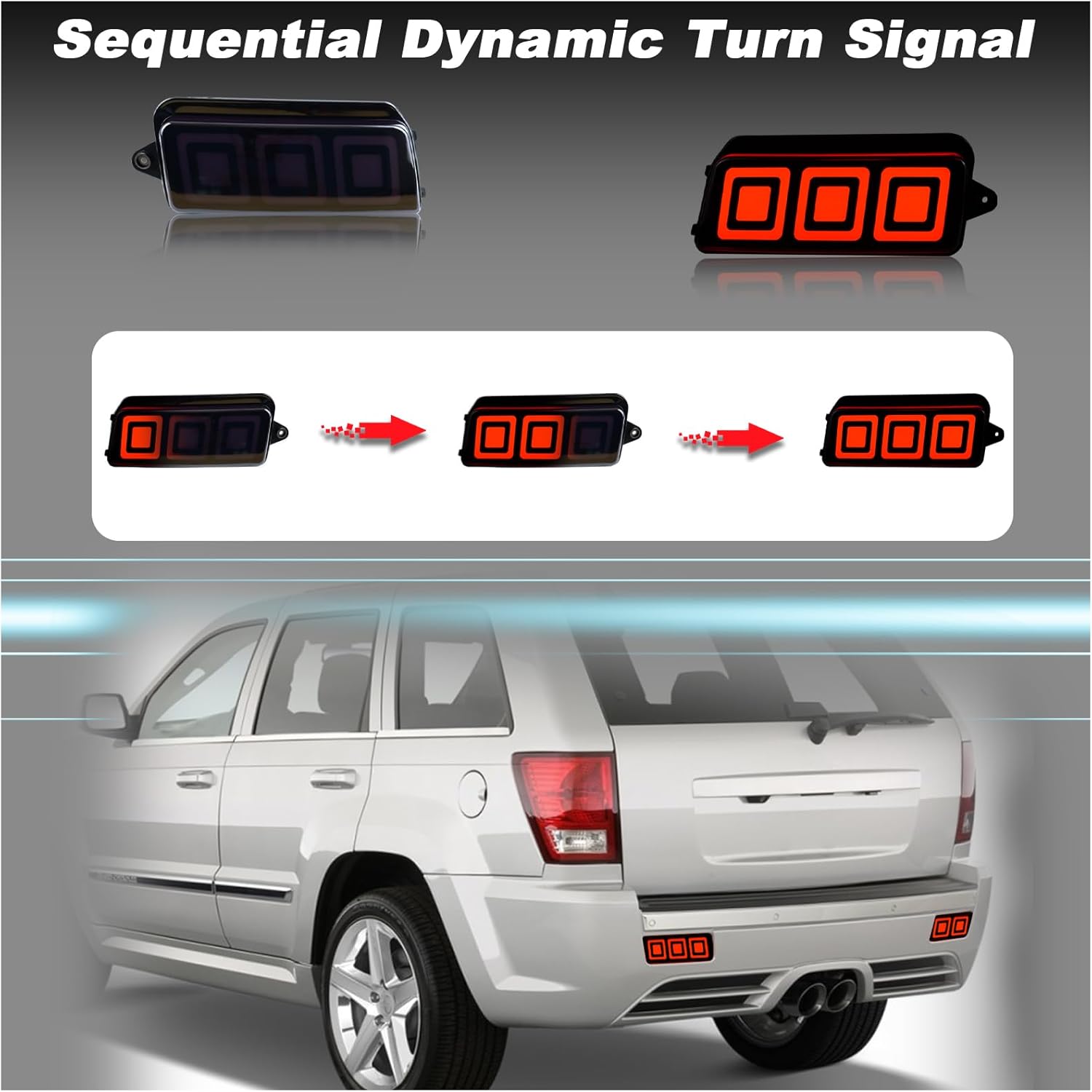 Smoke LED Tail Lights Rear Bumper Brake Light Kit for 2005 2006 2007 2008 2009 2010 Jeep Grand Cherokee SRT8 | Tail Lamp Brake Fog Lamps | Rear Bumper Reflector Light Replacement