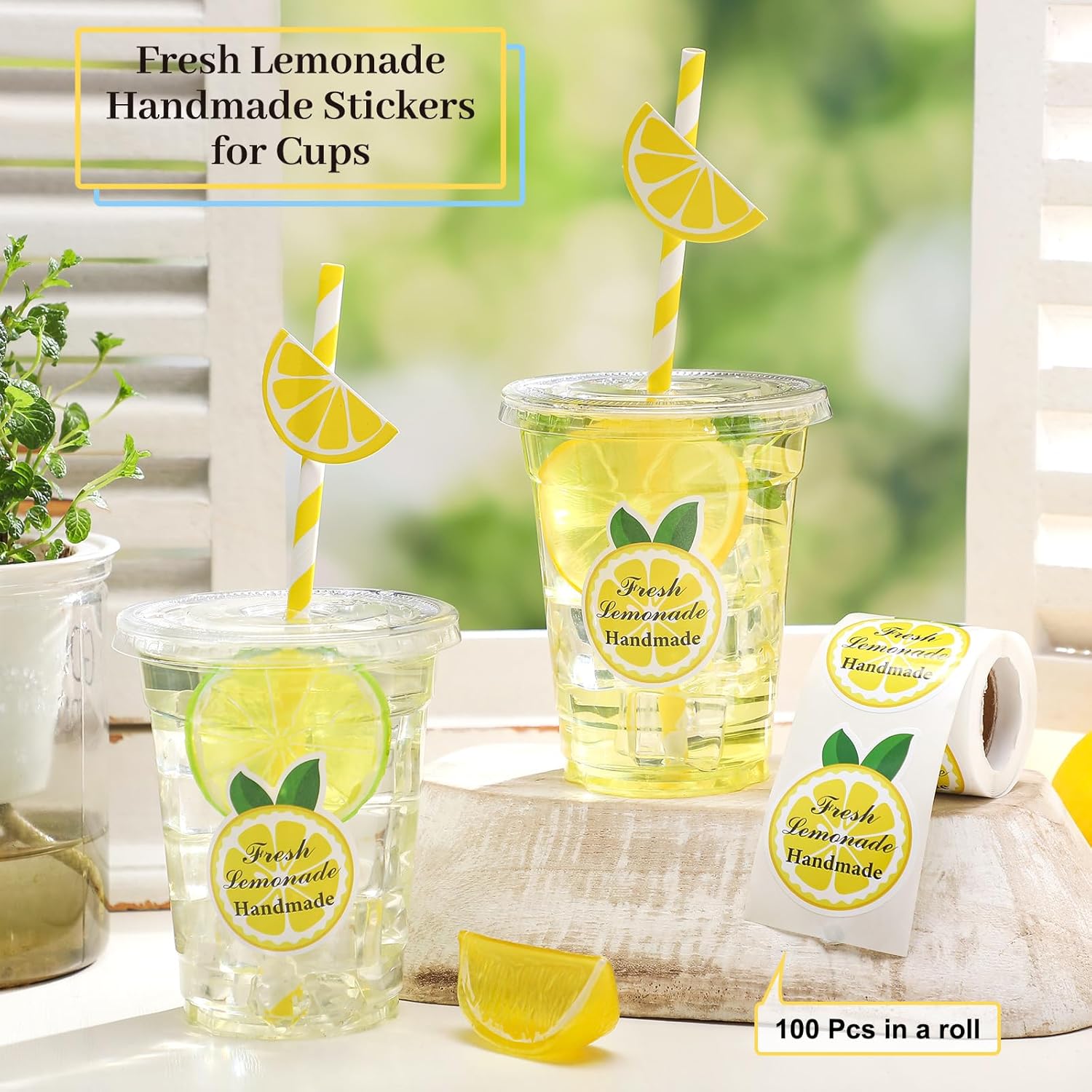 Gilprop 100 Sets Plastic Lemonade Cups with Lids and Straws Lemonade Stand Supplies 12 oz Disposable Lemon Cups Bulk with Stickers Lemonades Bar Supplies for Summer Beverage Drinking Party Favor