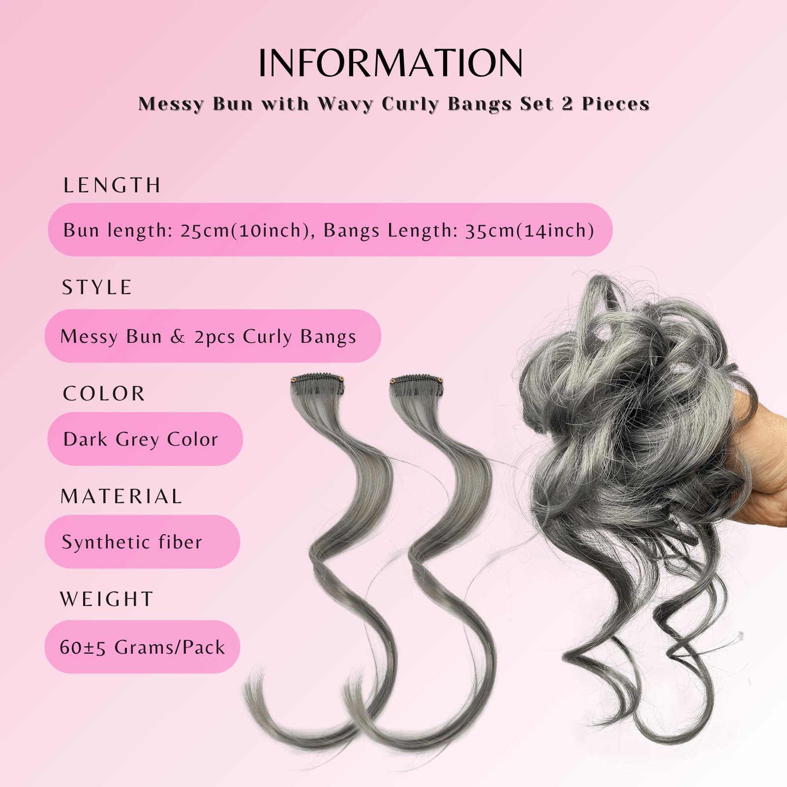 Messy Hair Bun Set with Bangs Claw Clip Curly Synthetic Hair Extension Messy Hair Bun with Bang 2 Piece Black Claw Clip Hair Bun  main image 2