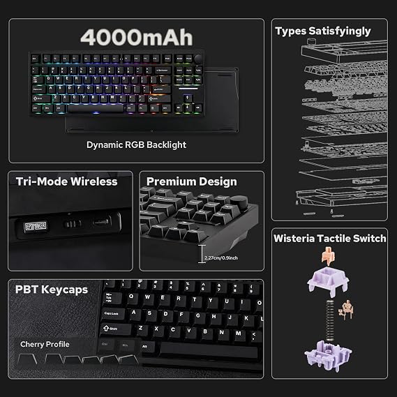 EPOMAKER P87 TKL Aluminum Wireless Gaming Keyboard, QMK/VIA Programmable, 87% BT/2.4Ghz/USB-C, with CNC Metal Knob and RGB Backlight (Black, Wisteria Linear Switch)
