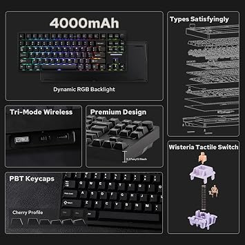 EPOMAKER P87 TKL Aluminum Wireless Gaming Keyboard, QMK/VIA Programmable, 87% BT/2.4Ghz/USB-C, with CNC Metal Knob and RGB Backlight (Black, Wisteria Linear Switch)