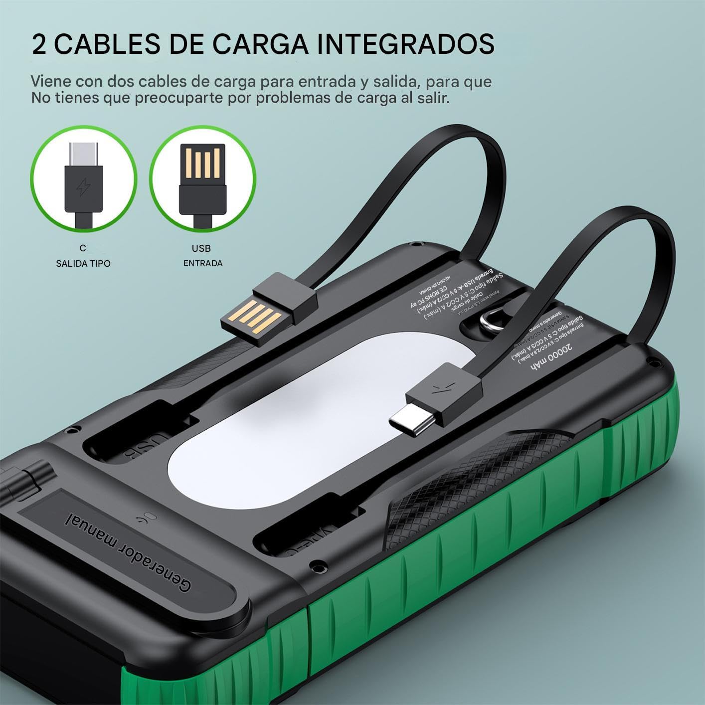 Caricatore Solare Power Bank Power Bank Impermeabile 20000mAh | Batteria Portatile Solare Con Manovella Manuale Per Uso Esterno per Viaggio Pesca Campeggio Escursionismo Viaggio Zaino in