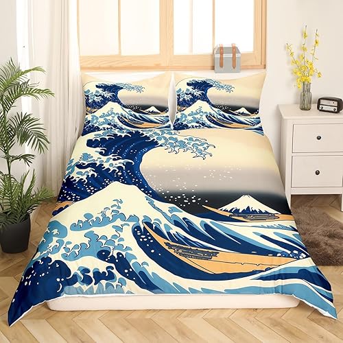 Miniatura 2 de Erosebridal Juego de funda de edredón tamaño Queen con diseño de olas y temática de Ukiyo-e, juego de ropa de cama adecuado para adultos,
