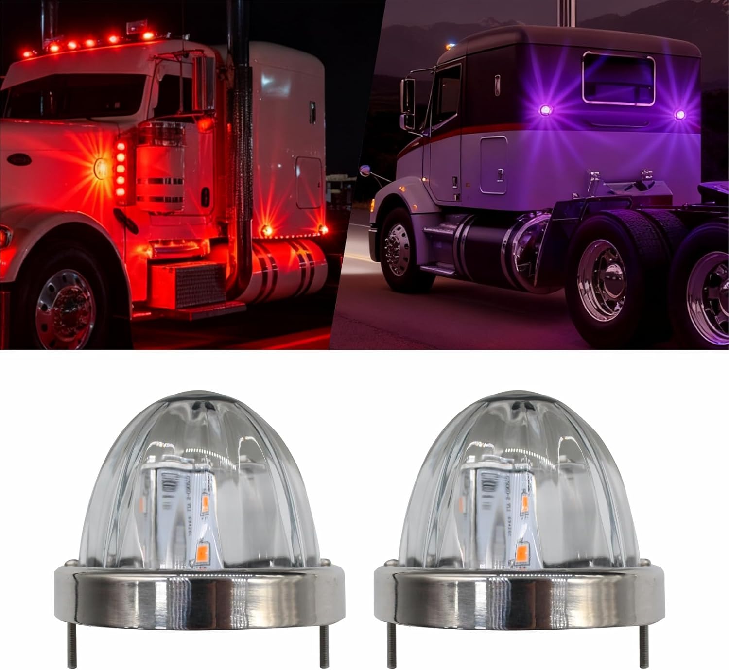 2PCS Red LED Side Marker Turn Signal Lights,Purple Glass Watermelon Lights with Bezel, Clear Lens, Compatible with Kenworth, Peterbilt, Freightliner Trucks
