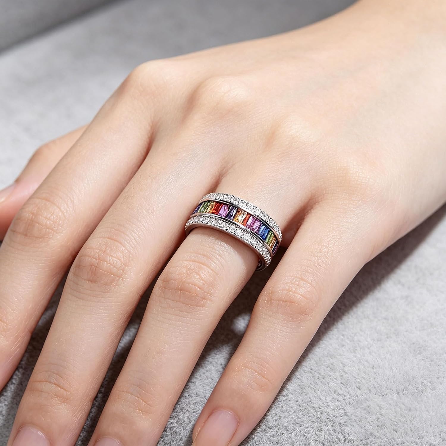 Hermosa Silver Ring for Women Wide, Multicolor Band Baguette Gemstone Rings, Silver Knuckle Women Rings Set Jewelry Size 6-12
