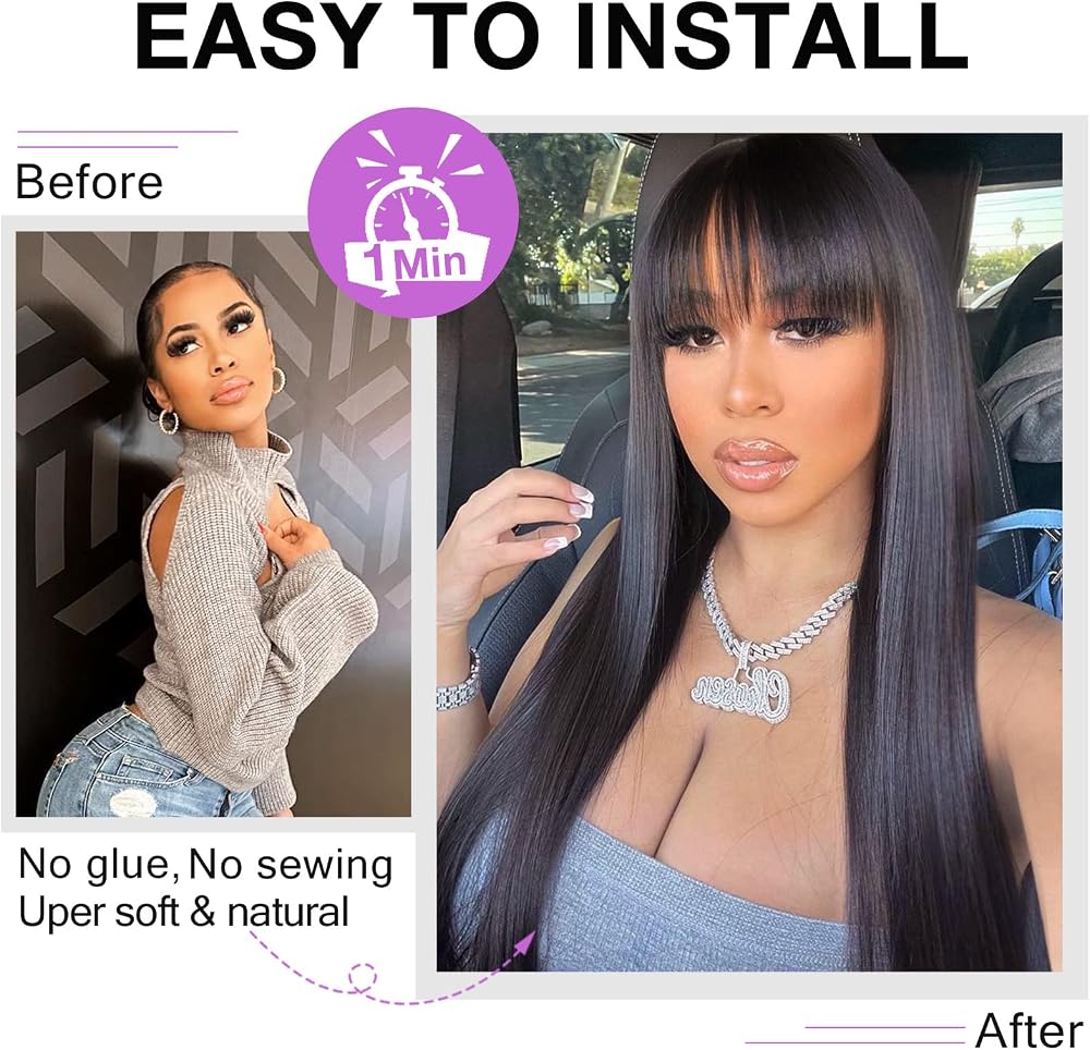 Lativ Straight Wigs with Bangs Human Hair Wigs for Black Women None Lace Front Wigs 150% Density Brazilian Virgin Hair Glueless Machine Made Wig Natural Color(20 Inch, Straight)