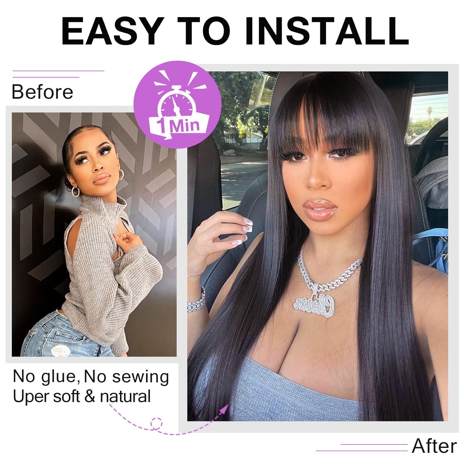 Lativ Straight Wigs with Bangs Human Hair Wigs for Black Women None Lace Front Wigs 150% Density Brazilian Virgin Hair Glueless Machine Made Wig Natural Color(20 Inch, Straight)