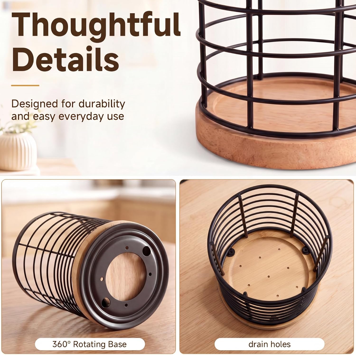 Domensi 360° Rotating Kitchen Utensil Holder Set of 2, Large & Small Bamboo