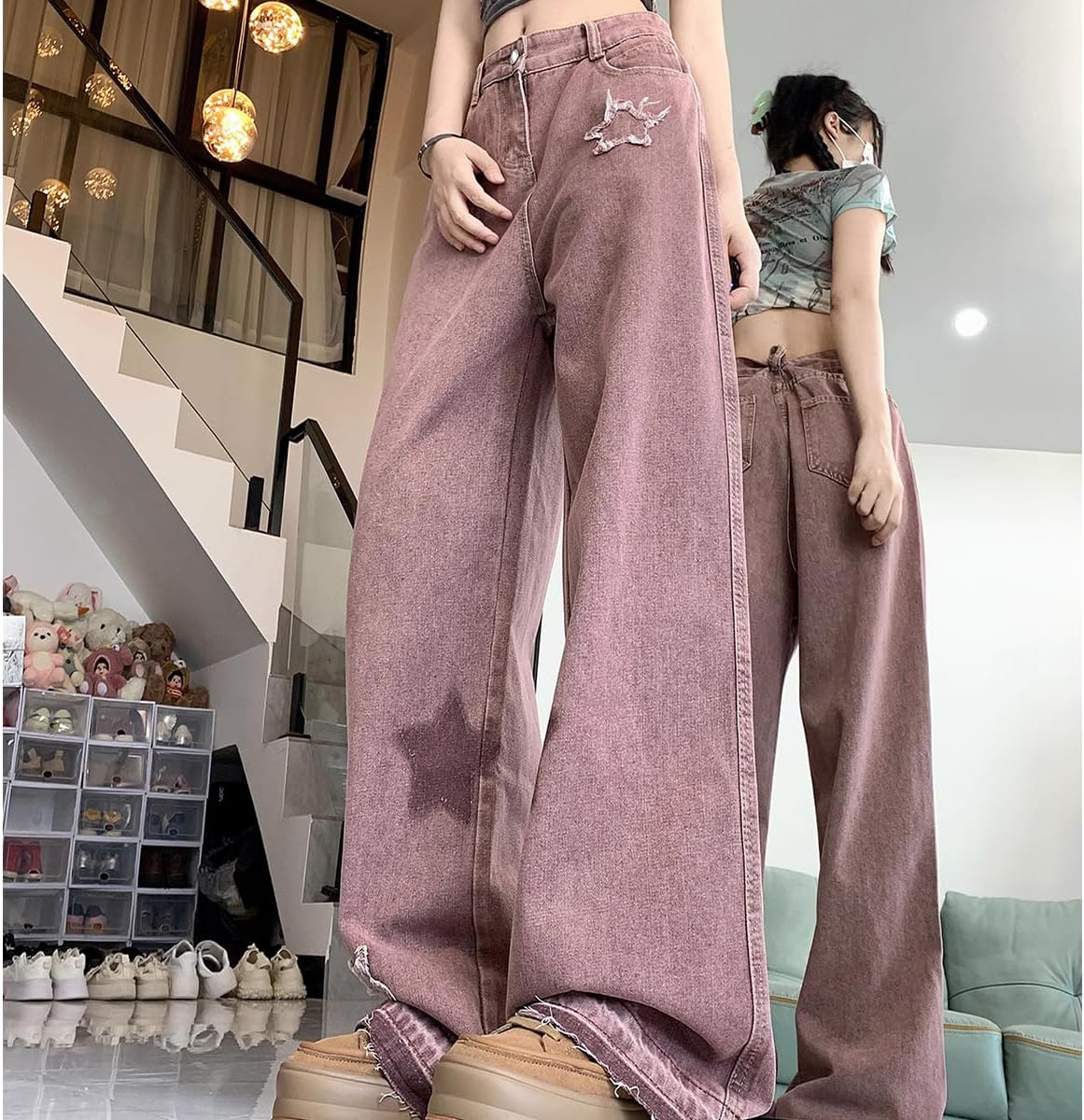 Y2K Casual High Waisted Straight Leg Jeans Womens Fashion Vintage Star Printed Fringe Baggy Denim Pants