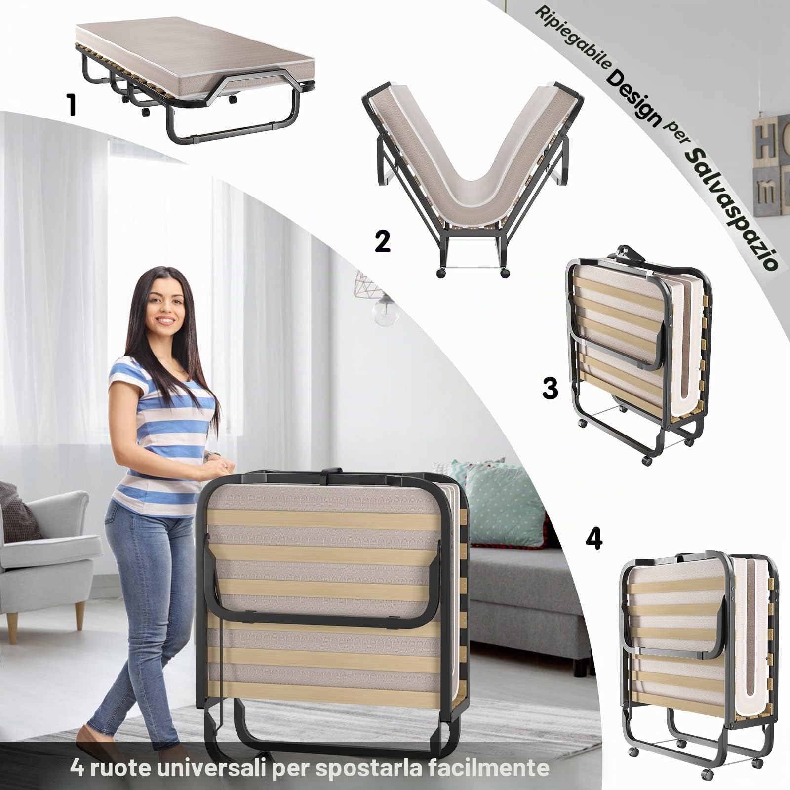 GIANTEX Letto Singolo Pieghevole, Portata di 120 kg, con 4 Ruote, 4 Gambe in Mettallo, Fibbia Fissata, 90 x 200 cm, Materasso di 10 cm, Ideale per Viaggio e di Riserva
