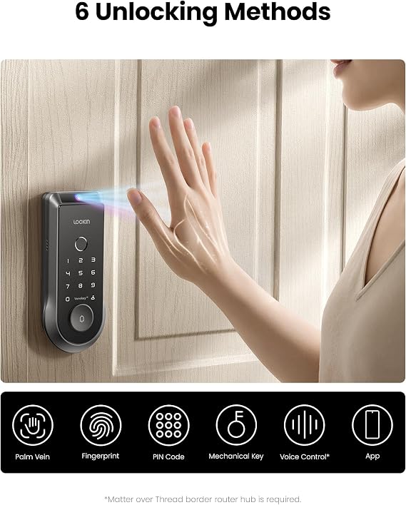 Lockin Veno Smart Deadbolt Lock with Dual Swappable Batteries for 14-Month Extended Power, Palm Vein & Fingerprint Keyless Entry, Built-in Wi-Fi, Doorbell, App Remote Control, IP65 Waterproof